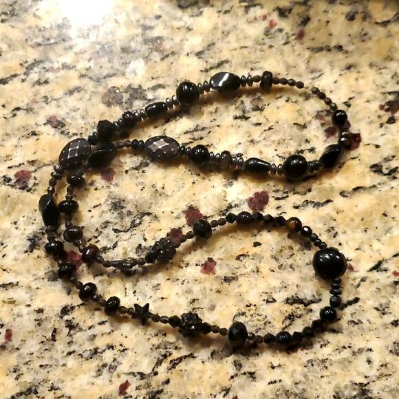 Jewelry - Handmade Black Beaded Statement Necklace Multi Shape Acrylic Glass Mixed Bead